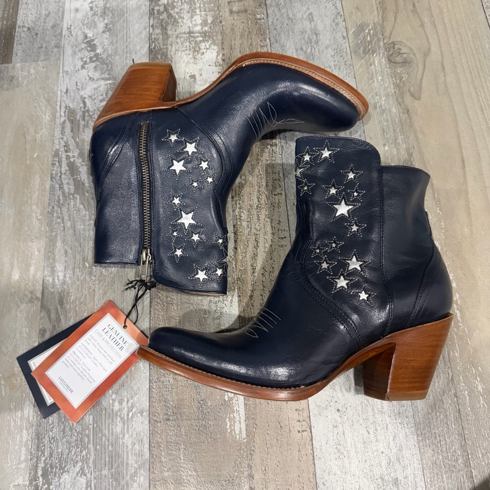 Lucchese Women's Blue Star Ankle Boots - NY Cow Zip Booties Lil Stars - Stardust - Picture 6 of 13
